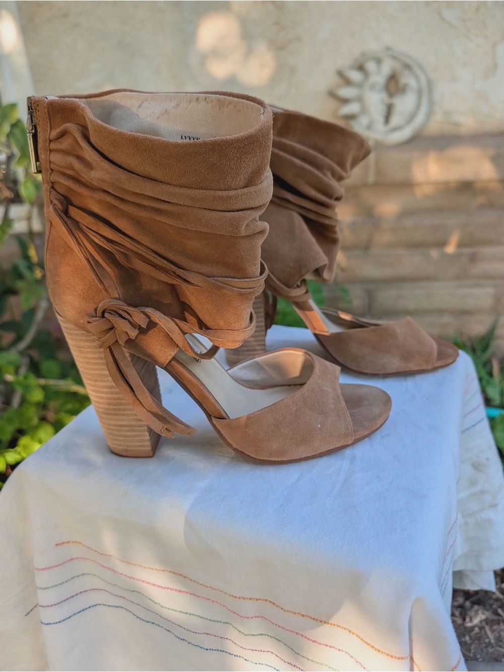 Chinese Laundry Tan Suede Ruched Open-Toe Block Heel Sandal